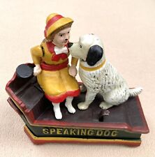 Vintage Cast Iron Mechanical Coin Bank Speaking Dog **WORKS** Reproduction picture