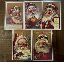 Lot of 5 Santa Claus with Pipe~Pudding~Pen~Antique Gold Christmas Postcards Set picture