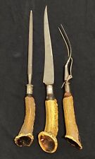 Antique LEE'S Antler Handle Carving Set Sterling Silver Knife Fork Honing Rod picture