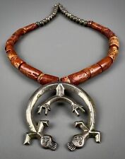 OLD Vintage Navajo Sterling Silver Raw Coral Pearl Necklace & Cast Yei Naja RARE picture