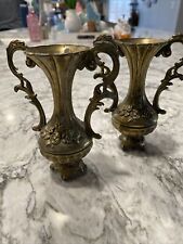 Vintage Italian Florentine Brass Ornate 5” Footed Vases - Made In Italy Set of 2 picture