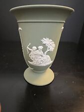 Vintage WEDGWOOD Jasperware Sage Green White Relief Vase 5” Venus / Cupid picture