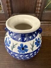 WIZA POLAND Round Bubble Vase Polish Pottery Small 5“Blue Flower Design, EUC picture