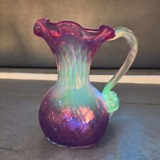 Antique Cranberry Glass Pitcher Carafe Crimped Rim Manganese 365nm Green UV Glow picture
