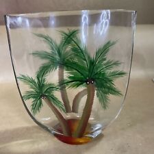 Tropical Handpainted Glass Vase  Palm Trees Decorative Art Glass picture