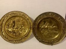 2 Antique Plate Chargers 14” Made In England Brass Colored Fox Hunting/Pub Scene picture