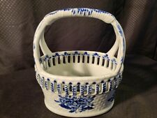 Vintage Handpainted Cut Out Ceramic Fruit Snack Basket White Blue Flower Handle  picture