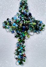 Handcrafted Blue Turquoise  Beaded & Stones Wall Art Cross  Twisted Wire Wrapped picture