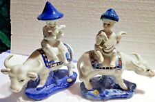 AMAZING PAIR Chinese Porcelain Musicians Bull Figurines Statue Imperial Ox Oxen picture
