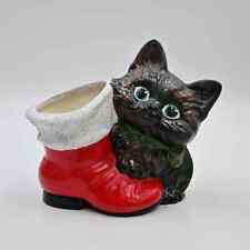Vintage 1995 Dark Brown Cat With Boot Planter Figure picture