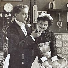 Antique 1901 Man Flirting With His New Kitchen Maid Stereoview Photo Card P2580 picture