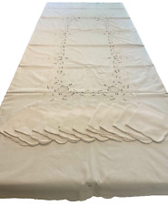 Banquet Tablecloth 11 Napkins Embroidered Cream Ivory Linen 68x100 Gorgeous picture