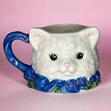 Vintage Avon Ceramic White Blue Cat Kitten Coffee Mug Blue Rose Collection picture