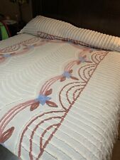 Vintage Chenille Bedspread Blanket Full Pink Blue Flowers 1950s 99” X 89” picture