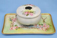 ANTIQUE 2 ASSORTED PORCELAIN VANITY DISHES TRAY AND HAIR RECEIVER FLORAL GOLD picture