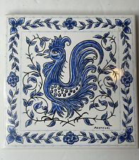 Ceramic Tile Cork Trivet 6 inch Portugal Hand Painted Blue Floral Rooster Signed picture