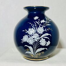 Vintage Blue Hyalyn USA 834 Gold Trimmed Japanese Flowers Round Pottery Vase 5