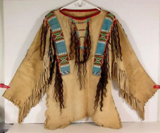 Old Antique Style Handmade Beige Buckskin Suede Leather Fringes Beaded War L226 picture