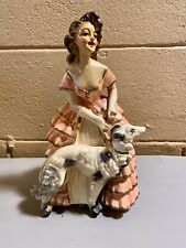 Vintage  1950's MCM Chalkware Lady with Dog Carnival  Figurine Statue 11