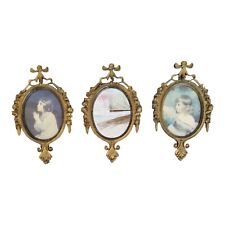 Vintage Italian Brass Oval Ornate Frames Mirror Set of Three 1960s Made In Italy picture