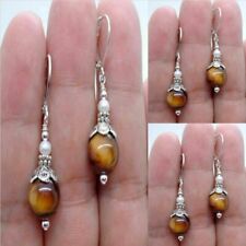 10mm natural brown round Tiger Eye White Pearl 925 silver earrings Modern Teens picture