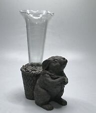 Rabbit & Basket Bud Vase w Glass Insert Flower Holder Bunny Figurine Vase picture