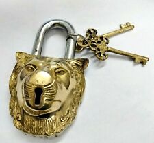 Brass Made Vintage Padlock Lion Face Lock with Working Key Rare Old Style picture