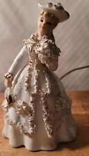 Vintage Lefton Victorian Lady White And Gold Dress Spaghetti Trim Muff K9572 W picture