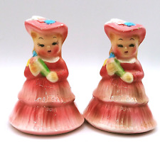 Vintage PY Japan Southern Belle Girl Salt & Pepper Shakers Pink Bouquets READ picture