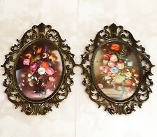 2 - Vintage Oval Brass Frame Floral Picture in Convex Glass (Made In Italy) picture