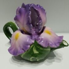 Purple Flower Leaf Tea Coffee Art Pot Iris Petal Lid Handmade VTG Unique NM picture