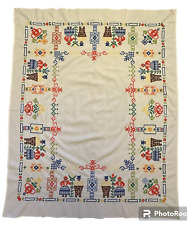 Antique Pennsylvania Dutch Cross Stitched White Cotton Rectangular Tablecloth picture