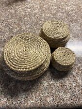 Vintage Woven Sweetgrass Handmade Round Bulbous Basket With Lid (set of 3) picture
