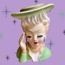 Mid Century Artmark Lady Green Pearl Earrings Necklace Vintage 50s Head Vase  picture
