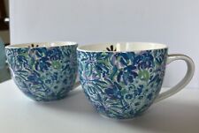 Lily Pulitzer Large Coffee Tea Mugs Set of 2 Blue Floral 12 oz White Gold Trim picture