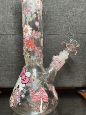 10 Inch Pink Hello Kitty Glass Bong Iridescent Heart Flower Smoking Water Pipe picture
