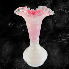 Vintage Early Fenton Pink White Peach Crest Vase Clear Ruffled Edge Pink Inside picture