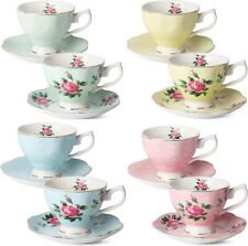 BTaT- Floral Tea Cups and Saucers, Set of 8 (8 oz) Multi-color with Gold Trim picture