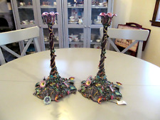 2 JAY STRONGWATER SIGNED MORNING GLORY ENAMELD CANDLESTICKS SWAROVSKI CRYSTALS picture
