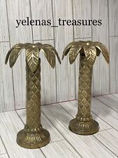 Vintage Palm Tree Brass Candlesticks Pair Candle Holders picture