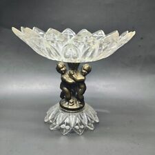 Vintage Candy Dish Compote with Brass Metal Cherub Base Clear Glass  picture