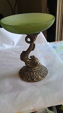 Vintage BRASS Koi Fish Dolphin Pedestal Dish With Green Glass 7.5” Tall picture