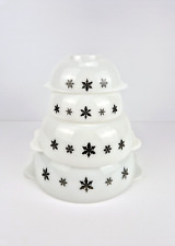 Vintage JAJ Pyrex Snowflake Gaiety White Black 4 Piece Bowl Set 1950s GC picture