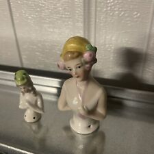 2 Antique Art Deco Germany Porcelain Half Doll Pin Cushion Figurines Signed 5160 picture