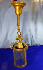 ANTIQUE 1920s  BRASS ORNATE HANGING PENDANT LAMP GLUE CHIP GLASS FIXTURE ROUND picture