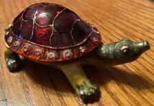 Vintage Brass Enameled Turtle Trinket Box W/Rhinestones Hinged Shell 3