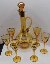 Gorgeous Vintage Yellow Amber Decanter and 6 Cordial Glasses picture