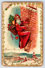 ORIGINAL 1913 SANTA Postcard Red Robe Climbing Rope Lower Scenic View GERMAN picture