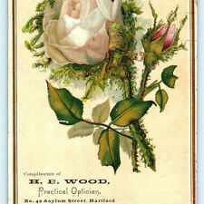 c1880s Asylum St Hartford CT HE Wood Practical Optician Trade Card Embossed C6 picture