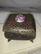 Vtg. Brass Footed Trinket Box Hinged Lid Japan,etched Floral Red Lined Victoria picture